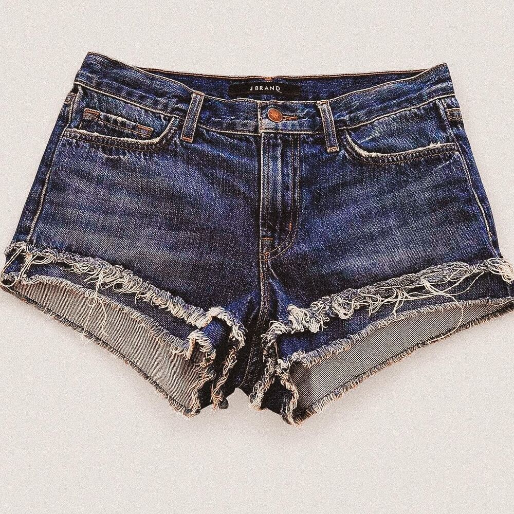 J brand double ruffle distressed hem micro mini jean denim shorts 26 festival